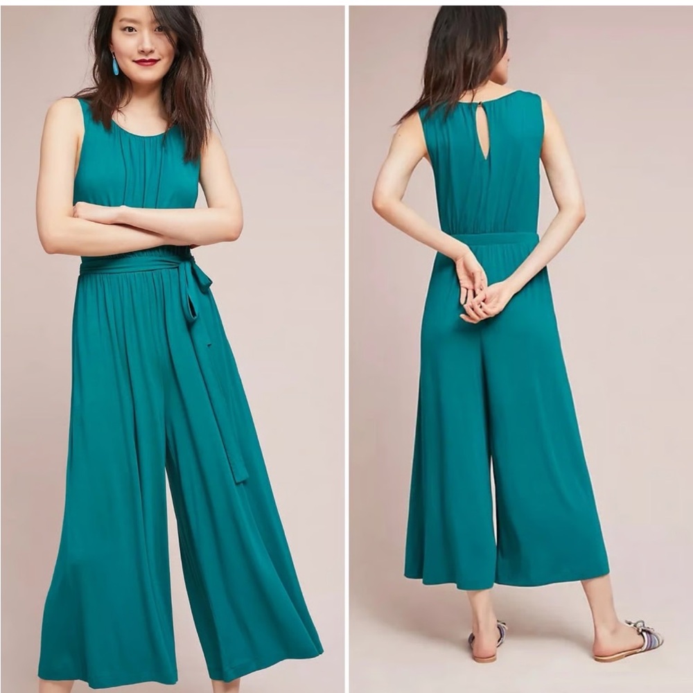 Anthropologie Meadow Rue Alchemist Jumpsuit Teal Wide Leg Coastal Chic Comfy XS‎